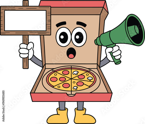 Cartoon pizza box character holding megaphone and sign with pepperoni pizza inside  fun food mascot