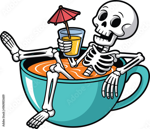 Cartoon skeleton sitting in a large teal coffee cup with orange liquid and holding a cocktail  relaxing