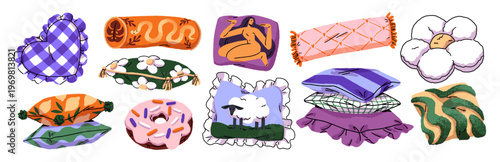 Pillows and decorative cushions set. Bolsters and textile for sofa and bed with different patterns. Elements for interior design of bedroom and living room. Flat isolated vector illustrations on white