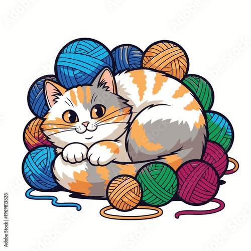 Cuddly cat surrounded by colorful yarn.