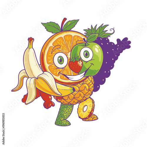 Colorful cartoon fruit character smiling happily.