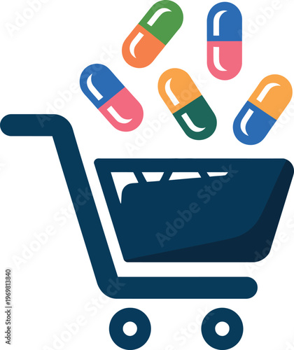 Shopping cart with colorful pills falling into it online pharmacy concept