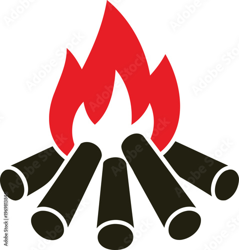 Simple icon of red campfire with four logs burning outdoors