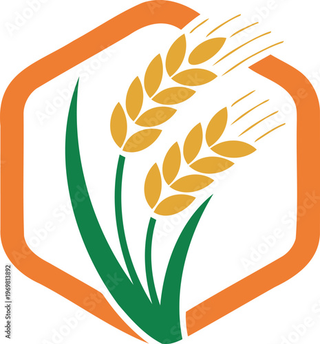 Wheat grain logo with green leaves and orange hexagon border  agricultural symbol