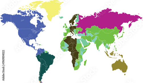 Multicolor World Map with Continents and Countries Defined by Bold Color Coding