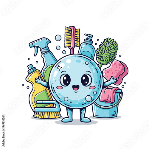 Cartoon cleaning supplies happy character.