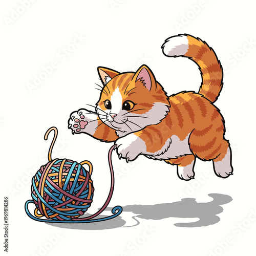 Curious Orange Kitten Playing with Yarn.