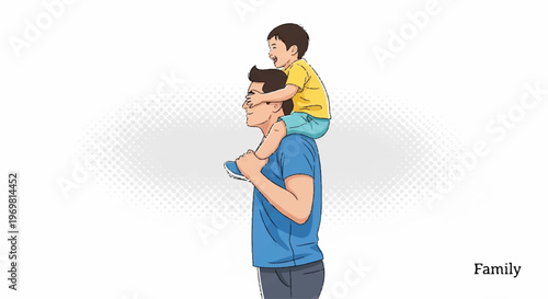 Happy father carrying little son on shoulders illustration