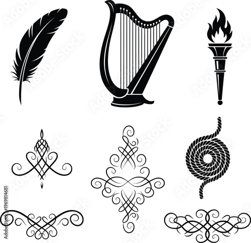 Collection of classic design elements including a quill pen harp flaming torch and decorative ornaments isolated on transparent background
