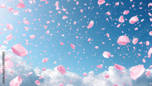 たくさんの桜の花びらが青空を舞う春らしい背景風景