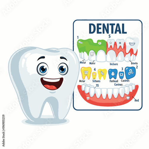 Smiling cartoon tooth dental education chart.