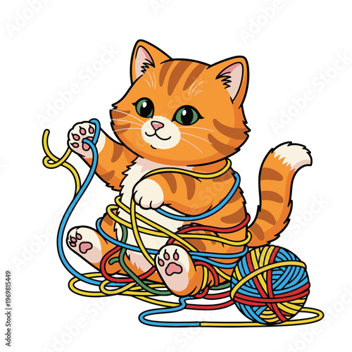 Cute orange tabby cat playing yarn 2.