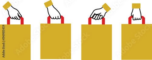 Hands Holding Shopping Bags Set. Vector Illustration of Paper Gift Bags with Red Handles for Retail and Commerce
