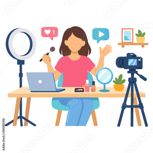Woman recording makeup tutorial at desk with camera