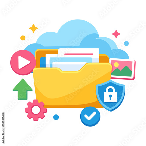 Cloud storage folder with security and media icons