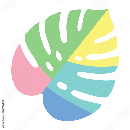 Colorful tropical monstera leaf flat png illustration