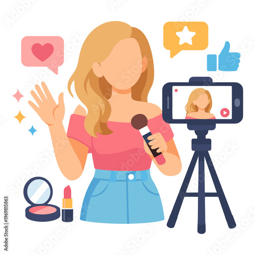 Woman recording makeup tutorial with smartphone camera