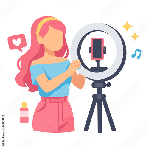 Young woman adjusting ring light with smartphone holder