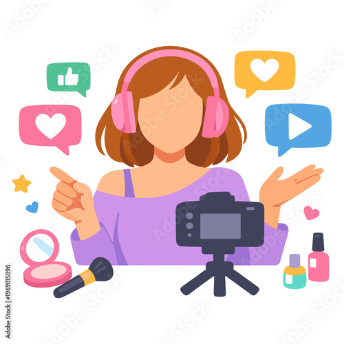 Woman recording makeup tutorial with camera and headphones