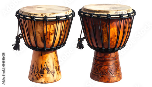 Two handcrafted, wooden, goblet-shaped drums. Leather drumheads with woven rope detail