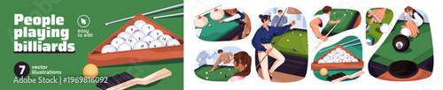 People play billiard set. Snooker or pool players hit ball with cue into pockets. men and women have fun with sports game on table with green cloth. Flat isolated vector illustrations on white