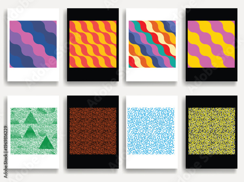 Geometric vector posters set with lines- modern geometric circles, semicircles , triangles pattern created with thick and bold dynamic lines for design. Shapes for posters and branding.
