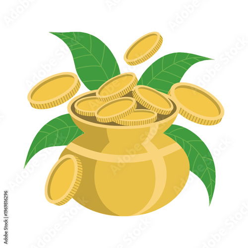 Akshaya Tritiya Gold Coins Pot with Leaves – Festive Indian Vector Illustration