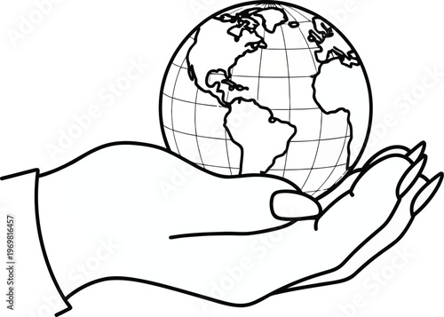 A stylized human hand gently cradling a detailed globe with visible continents and grid lines, representing global care and environmental stewardship.