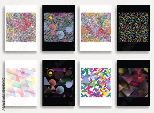 Geometric vector posters set with lines- modern geometric circles, semicircles , triangles pattern created with thick and bold dynamic lines for design. Shapes for posters and branding.
