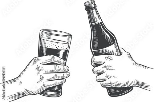 Cheers hands holding beer glass and bottle, vintage engraving style celebration drink illustration