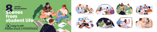 Students' life in university set. Teens are learning with books in library. Friends study together outdoors. Girls and boys are at lecture, video call. Flat isolated vector illustrations on white