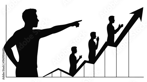 Leadership, Progress, Growth, Success, Motivation silhouettes showing figures on upward arrow path