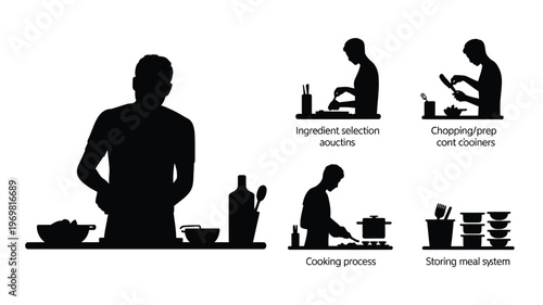 Cooking, Food, Preparation, Kitchen, Lifestyle silhouettes showing ingredient selection, chopping, cooking, and storage