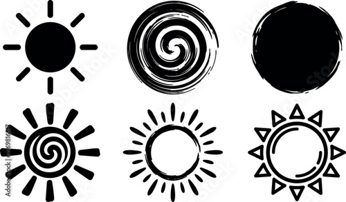 Black and white sun icons with spiral and triangular rays vector art