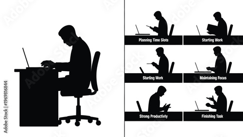 Work, Productivity, Focus, Task, Lifestyle silhouettes showing laptop desk activity from boredom to completion