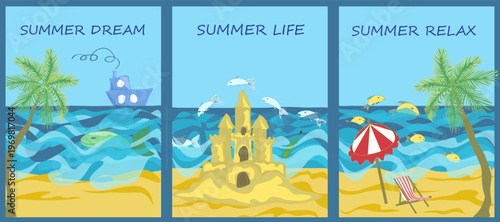 Set of vibrant vector posters and flyers themed around summer, the sea, and travel for the tropical season template collection. Tropical beach postcards featuring sand, sea, and palm trees