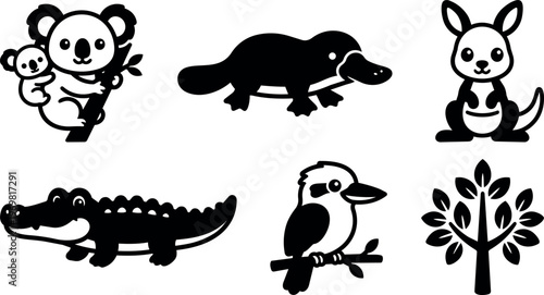 Koala with baby platypus kangaroo bird and tree icons