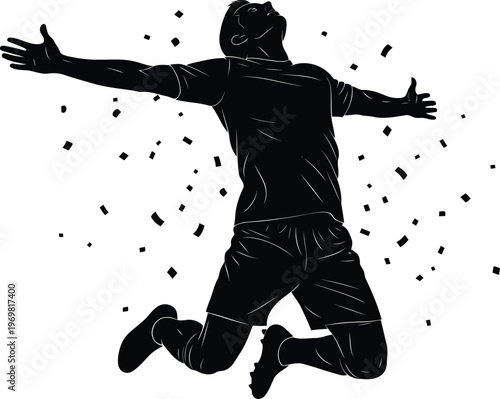 Celebratory silhouette of a soccer player jumping with arms wide open amidst falling confetti