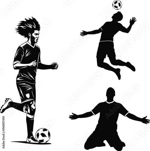Collection of black silhouette football players in dynamic action poses isolated on white background