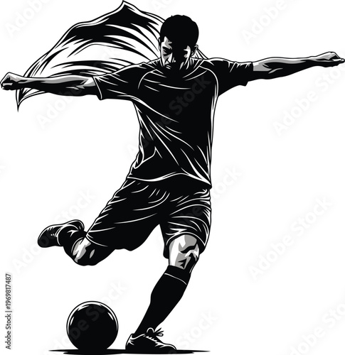 Dynamic athletic soccer player in action striking the ball with a dramatic flowing cape element behind him