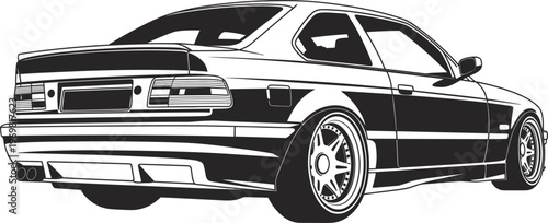 Classic coupe car rear view illustration, detailed automotive line art vintage performance vehicle design