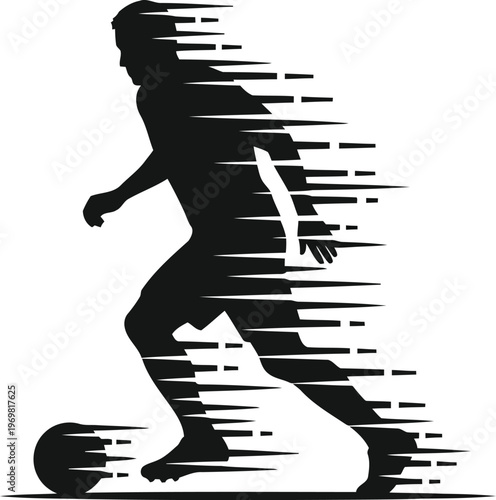 Dynamic black silhouette of a soccer player dribbling the ball with a motion blur effect isolated on transparent background