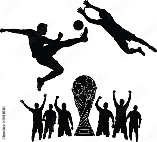 Dynamic black silhouettes of soccer players in action with trophy and celebrating team isolated on transparent background