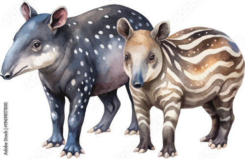 Watercolor Tapir Painting, Rainforest Animal vector illustration isolated on white background