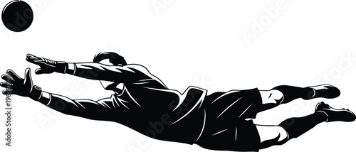 Dynamic illustration of a soccer goalkeeper diving and reaching for the ball in midair