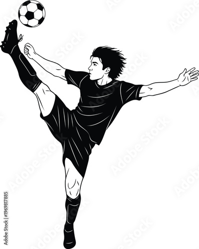 Dynamic illustration of a soccer player performing a bicycle kick with a ball isolated on transparent background