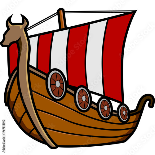 Ancient Viking Longship with Red and White Striped Sail