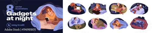 People with gadgets at night set. Characters are texting on mobile phones in bed. Men and women scroll social networks on smartphones at late time. Flat isolated vector illustrations in white