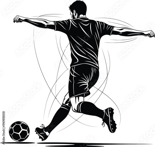 Dynamic illustration of a soccer player in motion kicking a ball with energetic swirling lines