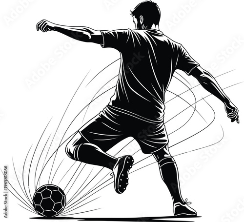 Dynamic silhouette illustration of a soccer player kicking a ball with motion lines creating an energetic artistic effect
